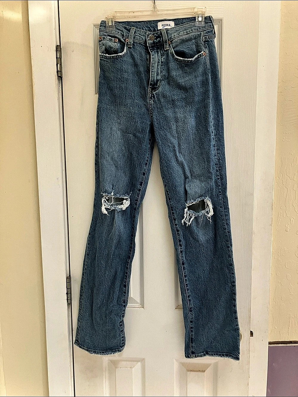 PISTOLA Cassie Super High Rise Straight Distressed Straight Leg Blue Waist 26